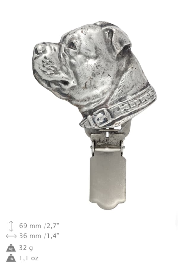 Staffordshire Bull Terrier, Staffik, Staffi - broche med clips, startnummerholder, forsølvet hundeudstillingsnål fra Art-Dog