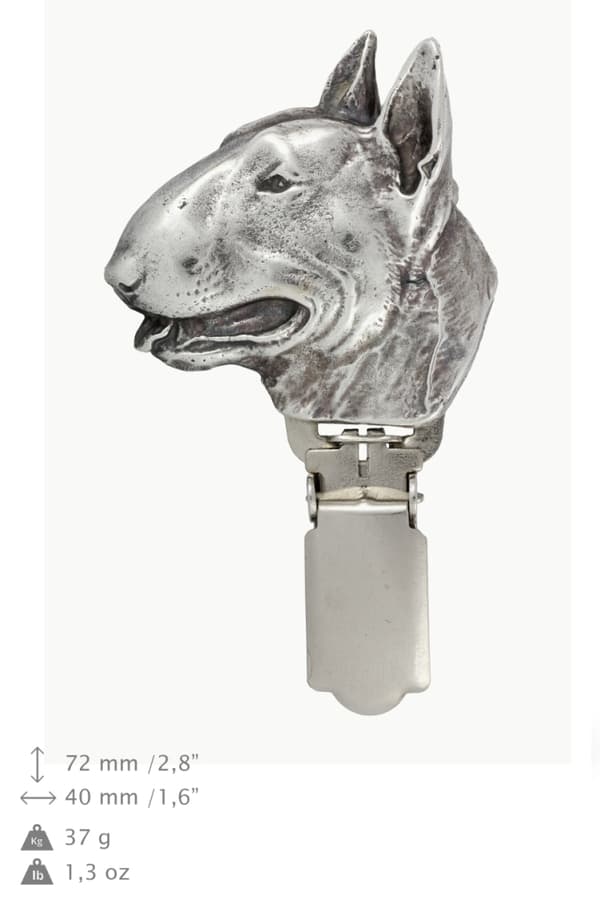 Bull terrier, Bull Terrier - broche med clips, startnummerholder, forsølvet nål til hundeudstillinger af Art-Dog