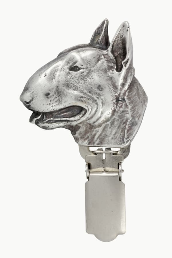 Bull terrier, Bull Terrier - broche med clips, startnummerholder, forsølvet nål til hundeudstillinger af Art-Dog