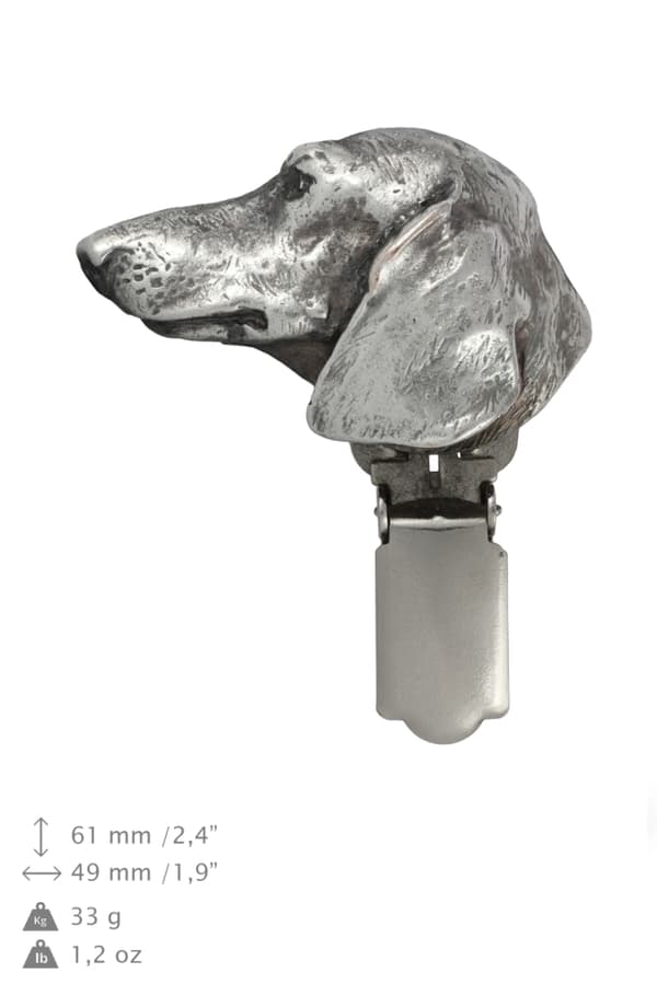 Lyhytkarvainen mäyräkoira - rintakoru klipsillä, aloitusnumeron pidike, hopeoitu neula koiranäyttelyihin Art-Dog