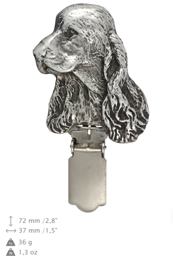 Englantilainen cockerspanieli - rintakoru klipsillä, aloitusnumeron pidike, hopeoitu neula koiranäyttelyihin Art-Dog