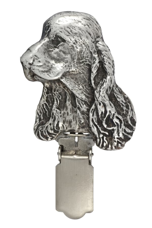 Englantilainen cockerspanieli - rintakoru klipsillä, aloitusnumeron pidike, hopeoitu neula koiranäyttelyihin Art-Dog