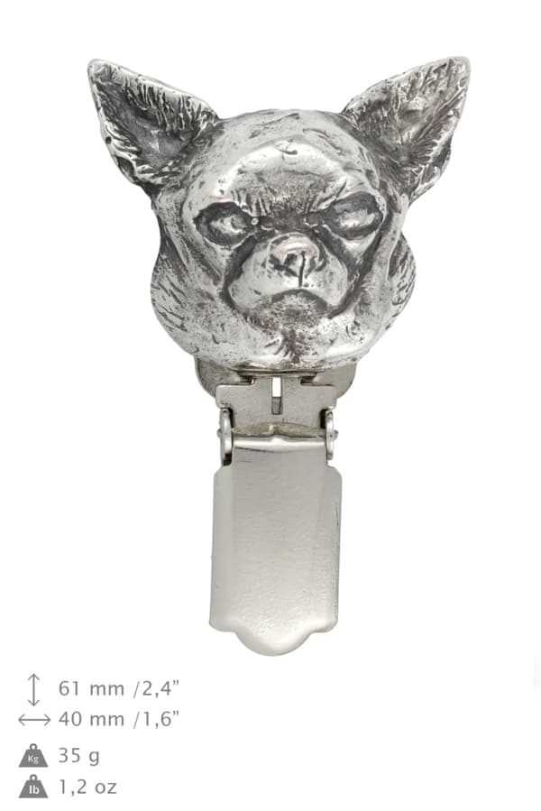 Lyhytkarvainen Chihuahua I - rintakoru klipsillä, aloitusnumeron pidike, hopeoitu neula koiranäyttelyihin Art-Dog