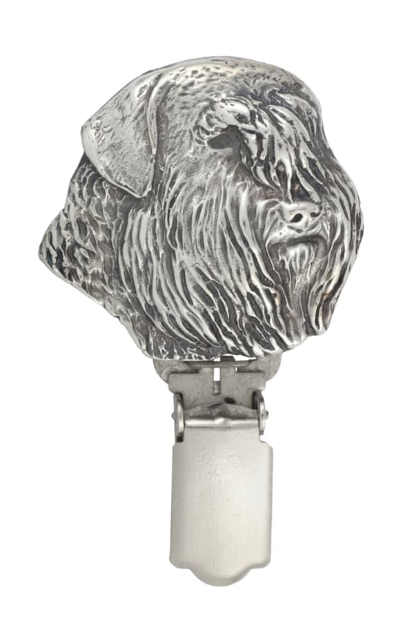 Bouvier des Flandres - rintakoru klipsillä, aloitusnumeron pidike, hopeoitu Art-Dogin koiranäyttelyneula