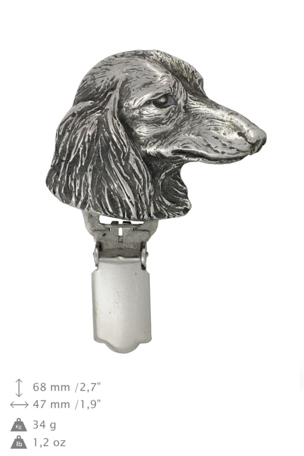 Pitkäkarvainen mäyräkoira - rintakoru klipsillä, aloitusnumeron pidike, hopeoitu neula koiranäyttelyihin Art-Dog