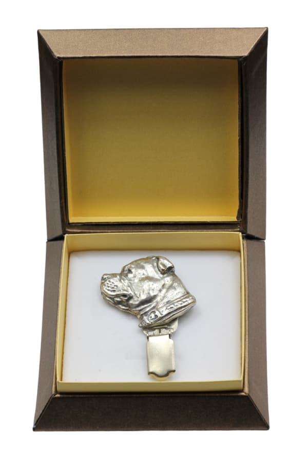 Staffordshire Bull Terrier, Staffik, Staffi - broche med clips, startnummerholder, gave til en hundeudstilling af Art-Dog