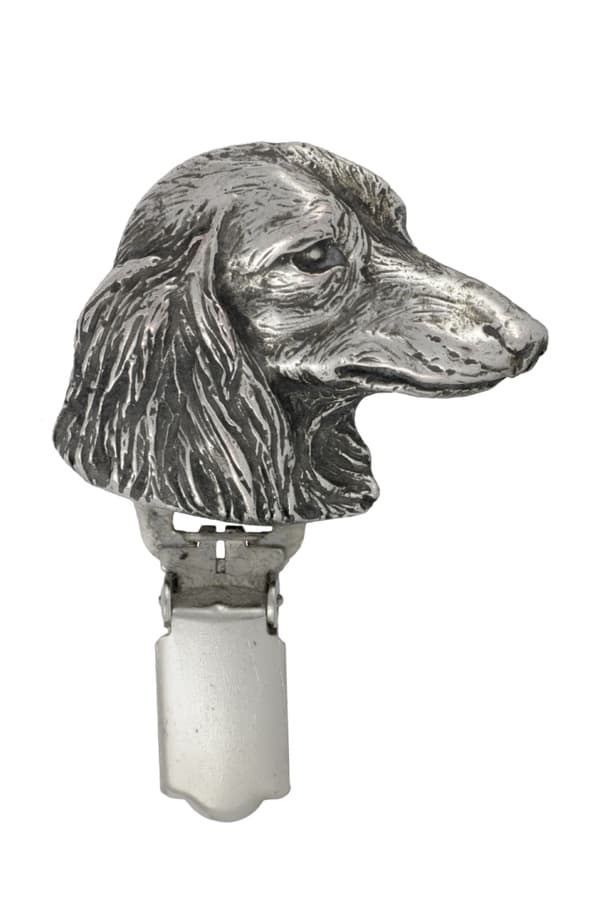 Pitkäkarvainen mäyräkoira - rintakoru klipsillä, lähtönumeron pidike, lahja koiranäyttelyyn Art-Dog