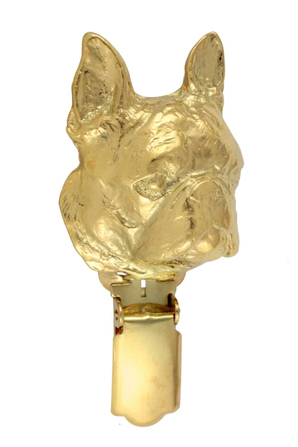 Boston Terrier, Boston Bull Terrier - broche med clips, guldbelagt startnummerholder, elegant hundeudstillingsnål fra Art-Dog