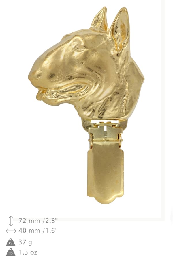 Bull terrier, Bull Terrier - broche med clips, forgyldt holder til startnummer, elegant nål til en hundeudstilling af Art-Dog