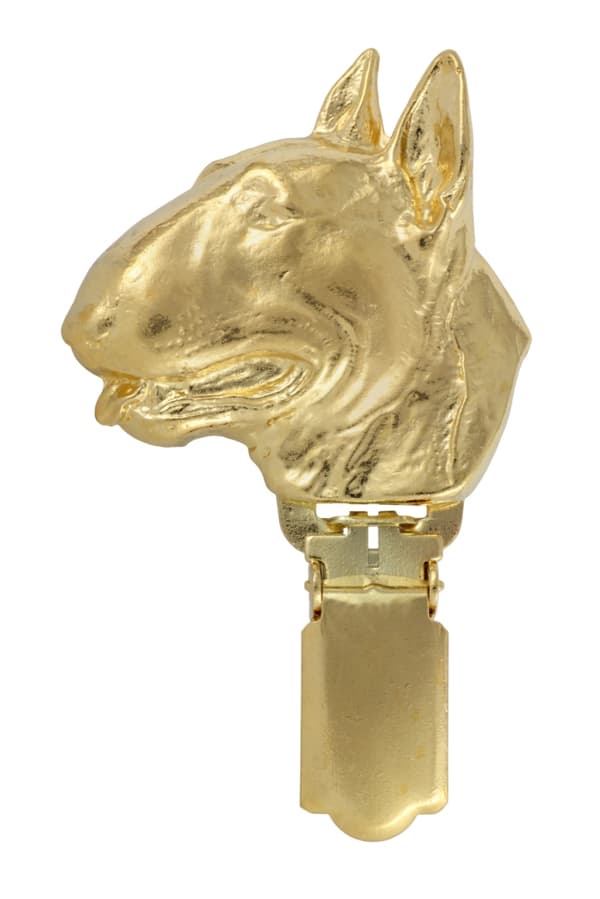Bull terrier, Bull Terrier - broche med clips, forgyldt holder til startnummer, elegant nål til en hundeudstilling af Art-Dog