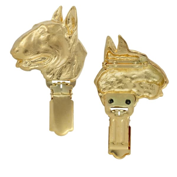 Bull terrier, Bull Terrier - broche med clips, forgyldt holder til startnummer, elegant nål til en hundeudstilling af Art-Dog