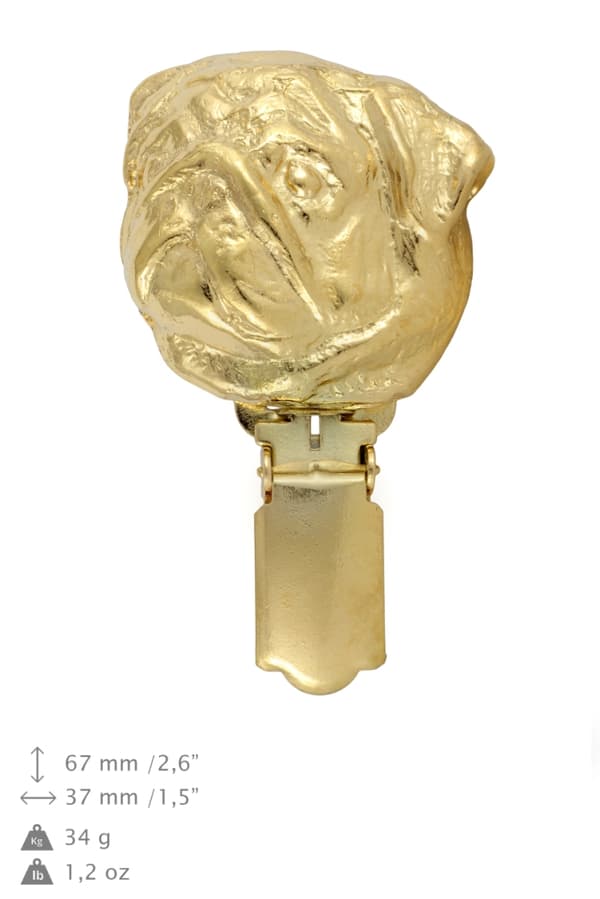 Pug, Pug, Carlin - broche med clips, forgyldt holder til et startnummer, elegant nål til en hundeudstilling af Art-Dog