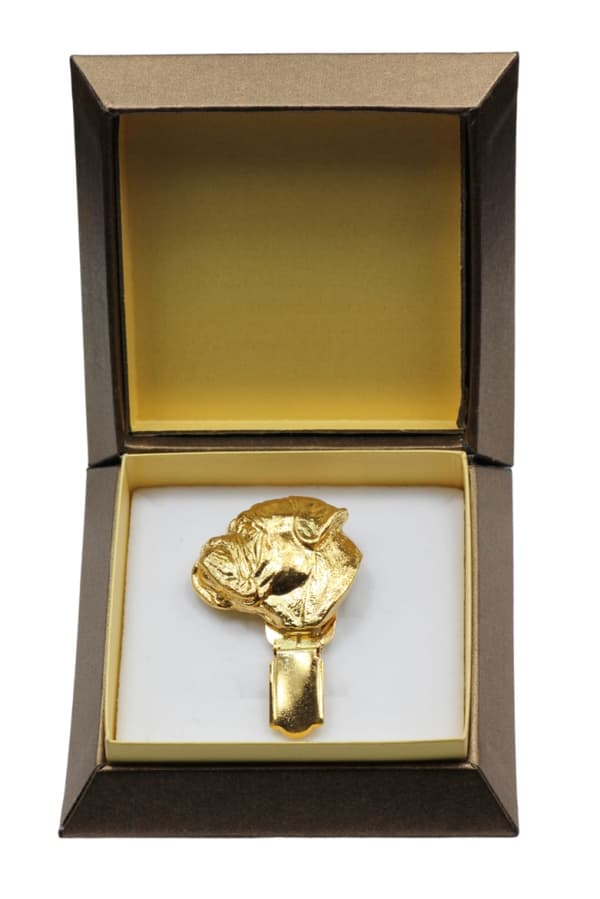 Bullmastiff, Bulmastiff - broche med clips, forgyldt holder til et startnummer, en gave til en hundeudstilling af Art-Dog