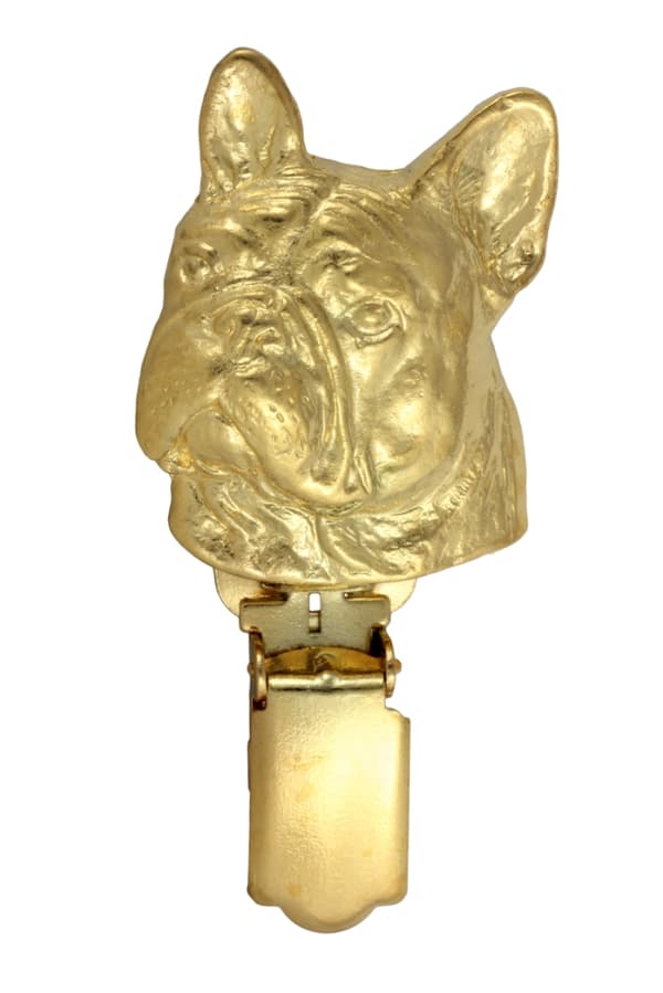 Fransk bulldog - broche med clips, forgyldt startnummerholder, gave til hundeudstilling af Art-Dog