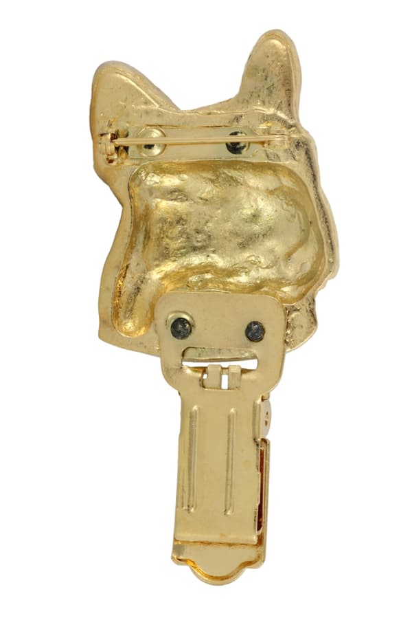 Fransk bulldog - broche med clips, forgyldt startnummerholder, gave til hundeudstilling af Art-Dog