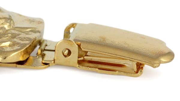 Fransk bulldog - broche med clips, forgyldt startnummerholder, gave til hundeudstilling af Art-Dog