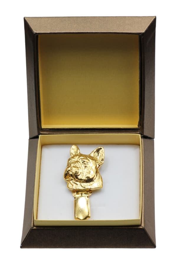 Fransk bulldog - broche med clips, forgyldt startnummerholder, gave til hundeudstilling af Art-Dog
