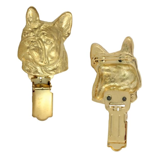 Fransk bulldog - broche med clips, forgyldt startnummerholder, gave til hundeudstilling af Art-Dog