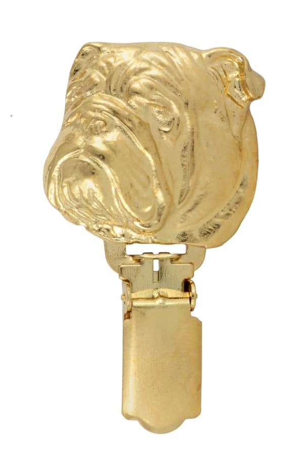 Englantibulldoggi, Bulldog - rintakoru klipsillä, kullattu lähtönumeroteline, lahja koiranäyttelyyn Art-Dog