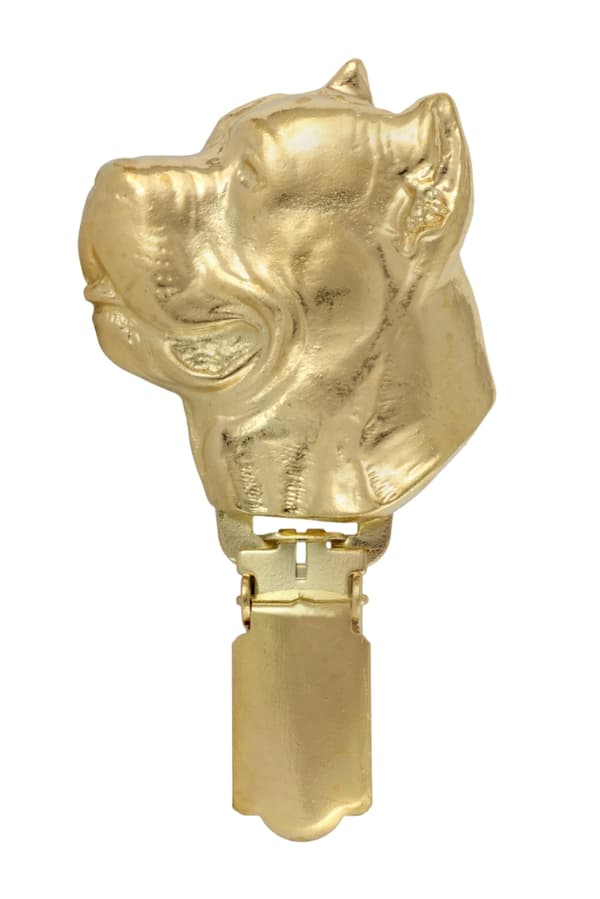 Cane Corso Italiano - broche med clips, guldbelagt startnummerholder, gave til hundeudstilling af Art-Dog