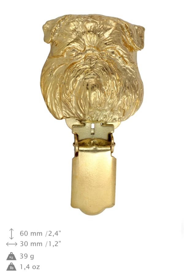 Brussels Griffon, Griffon bruxellois - broche med clips, forgyldt startnummerholder, gave til en hundeudstilling af Art-Dog