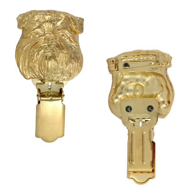 Brussels Griffon, Griffon bruxellois - broche med clips, forgyldt startnummerholder, gave til en hundeudstilling af Art-Dog