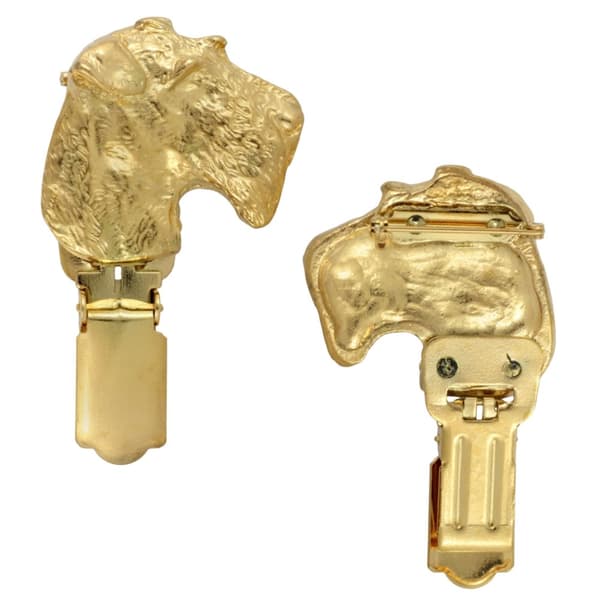 Trådhåret foxterrier - broche med clips, guldbelagt startnummerholder, gave til hundeudstilling af Art-Dog