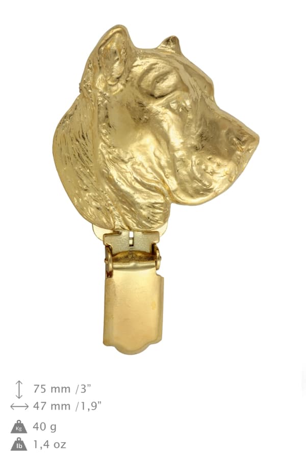 Presa Canario, Grand Danois - broche med clips, forgyldt startnummerholder, gave til en hundeudstilling af Art-Dog