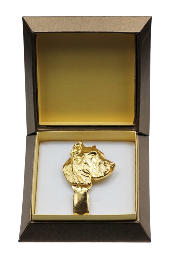 Presa Canario, Grand Danois - broche med clips, forgyldt startnummerholder, gave til en hundeudstilling af Art-Dog