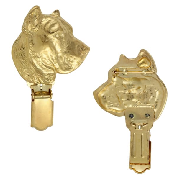 Presa Canario, Grand Danois - broche med clips, forgyldt startnummerholder, gave til en hundeudstilling af Art-Dog