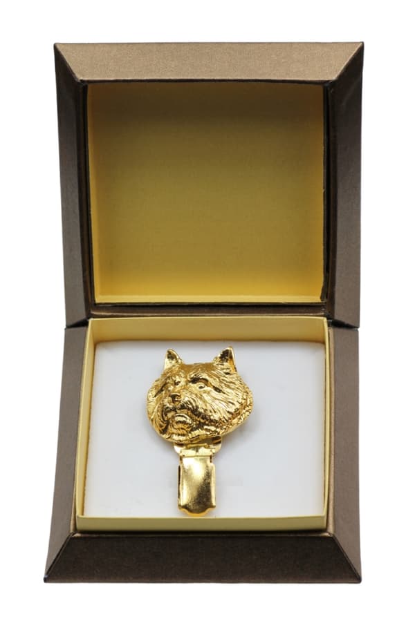 Norwich Terrier - broche med clips, forgyldt startnummerholder, gave til hundeudstilling af Art-Dog
