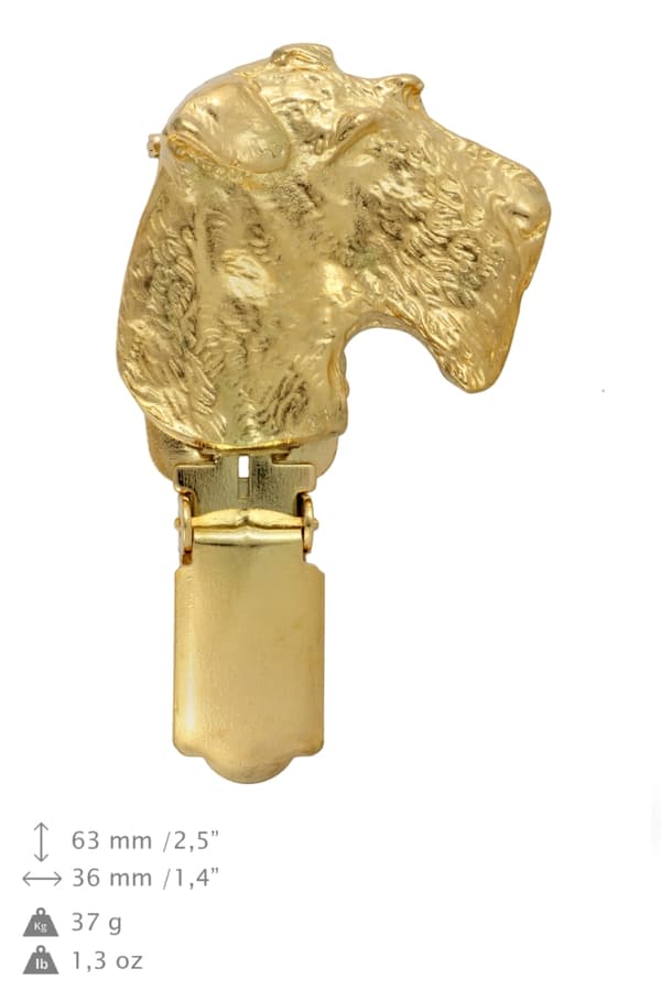 Airedale Terrier, Waterside Terrier - broche med clips, guldbelagt startnummerholder, gave til en hundeudstilling af Art-Dog