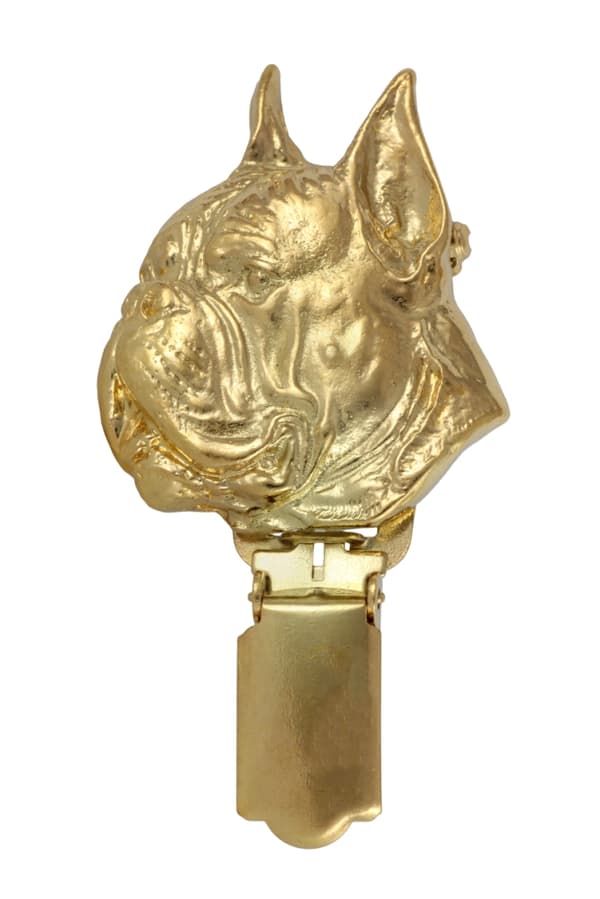 Boxer, Boxer - broche med clips, forgyldt holder til et startnummer, en gave til en hundeudstilling af Art-Dog