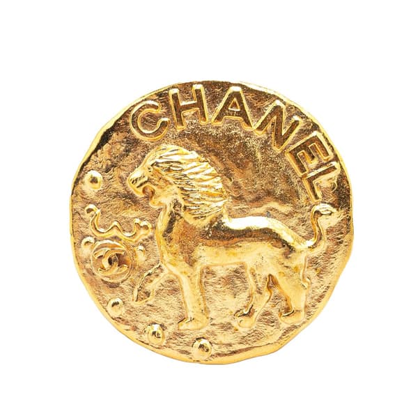 Pre-owned Chanel Gold Plated CC Round Lion Brooch Gold