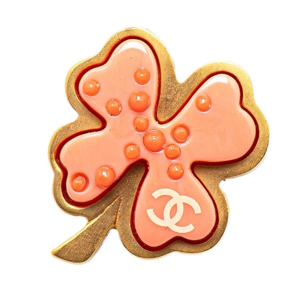 Pre-owned Chanel Gold Plated Resin Four Leaf Clover Brooch Gold