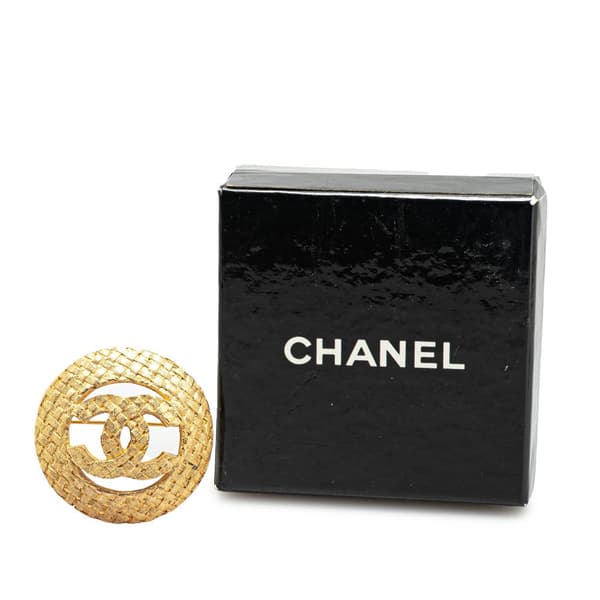 Pre-owned Chanel Gold Plated CC Round Woven Brooch Gold