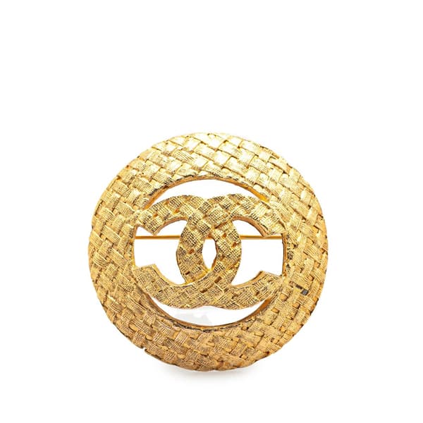 Pre-owned Chanel Gold Plated CC Round Woven Brooch Gold