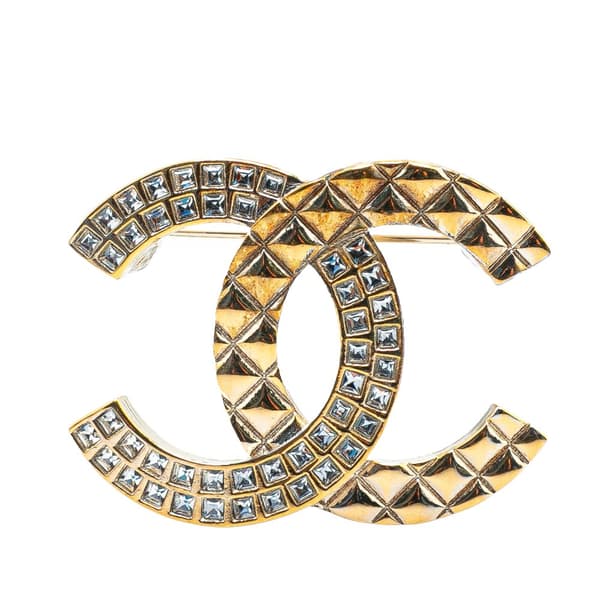 Pre-owned Chanel Gold Plated Rhinestone CC Quilted Brooch Gold