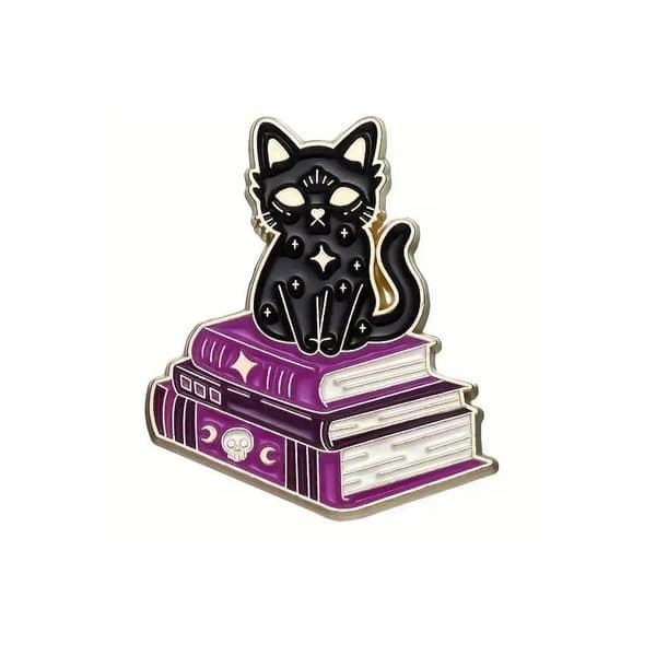 Brosch - Pin - Katt med bok - Lila Svart