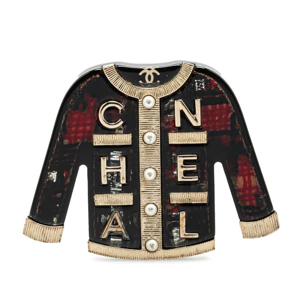 Pre-owned Chanel Resin and Pearl Tweed Cardigan Brooch Red