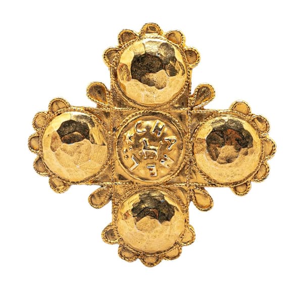 Pre-owned Chanel Gold Plated Lion Logo Cross Brooch Gold