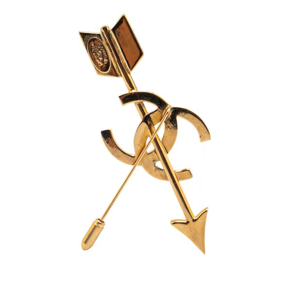 Pre-owned Chanel Gold Plated CC Logo And Arrow Brooch Pin Gold
