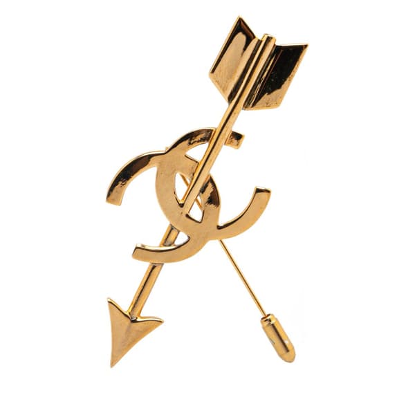 Pre-owned Chanel Gold Plated CC Logo And Arrow Brooch Pin Gold