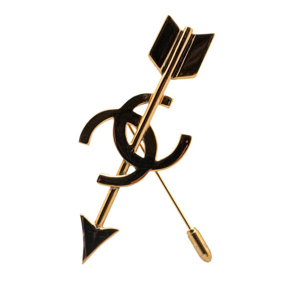 Pre-owned Chanel Gold Plated CC Logo And Arrow Brooch Pin Gold