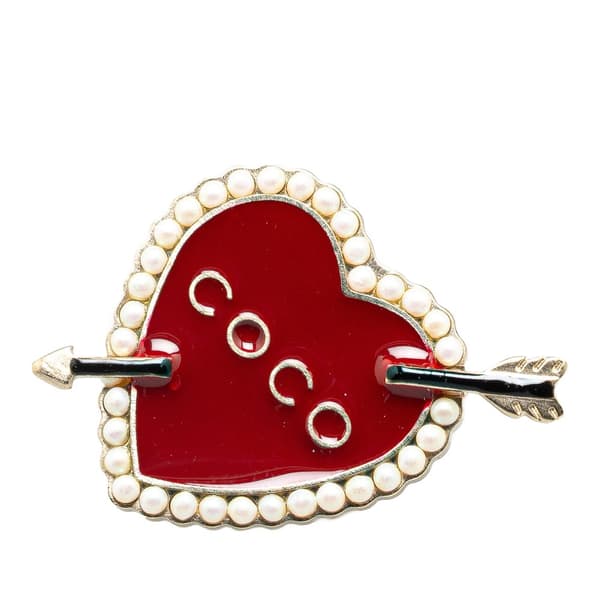 Pre-owned Chanel Gold Plated Enamel Faux Pearl Coco Heart and Arrow Brooch Red