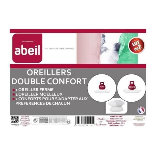ABEIL Uppsättning av 2 DUBBELA KOMFORT kuddar 100% bomull 60x60cm