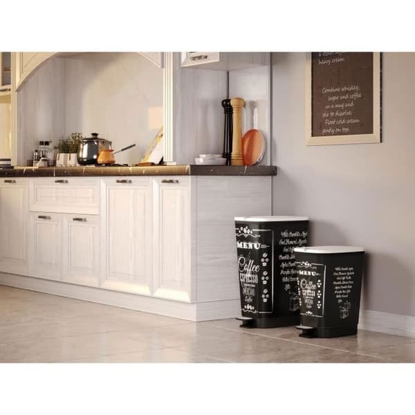 KIS Pedal Kitchen Trash Can 50L CHIC Black Motif Coffee Menu