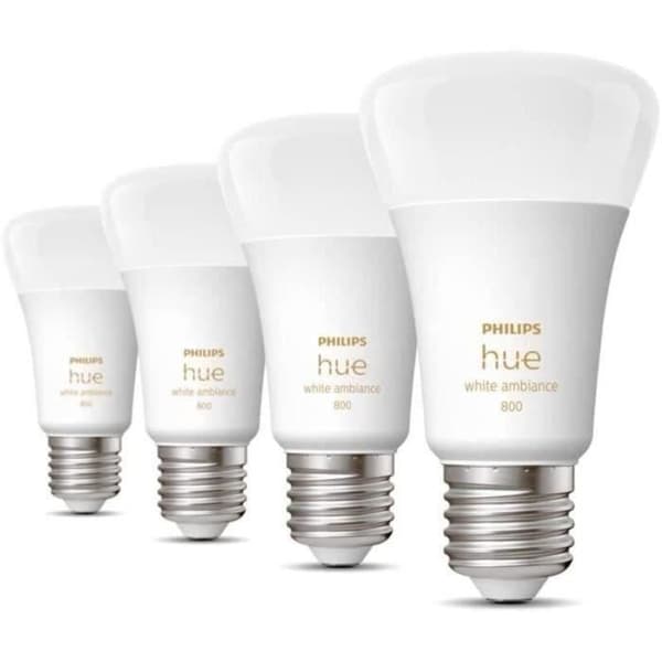 Philips hue vit atmosfär, E27 ansluten LED -glödlampa, 60W motsvarande, 800 lumen, 4 pack, Bluetooth kompatibel