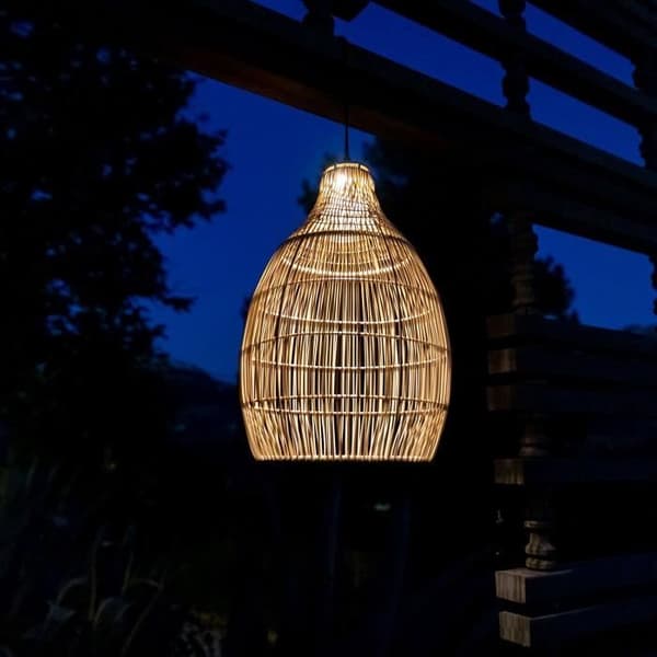 Solar taklampa - LUMISKY - HOLIDAY - H42 cm - Naturlig bohemisk vävd korgstil - Varmvit LED