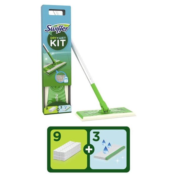 Dammuppsamlarkvast med torra och våta våtservetter SWIFFER le kvast + 12 refills